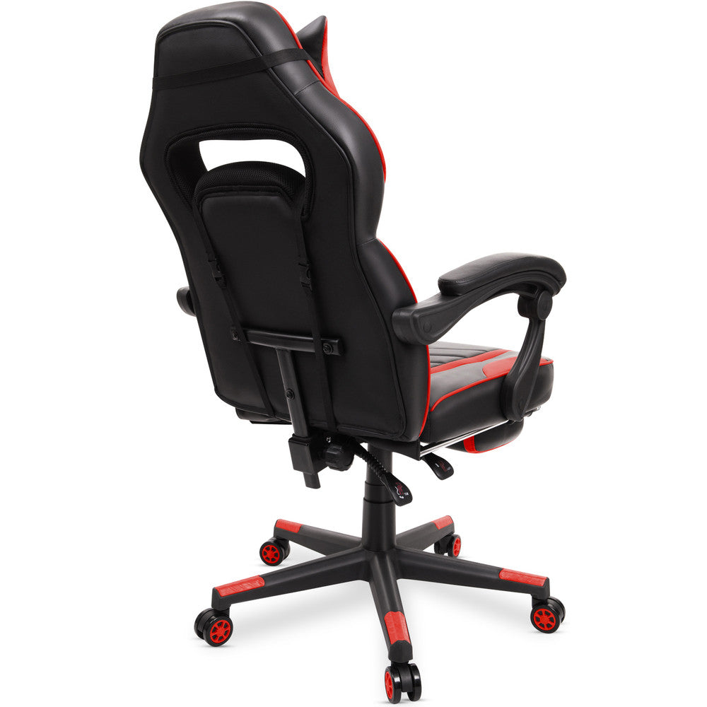 Scaun Gaming Reglabil cu mecanism TILT Office Gaming ON idealStore, Suport pentru Picioare Retractabil, Perna Confortabila, Piele Ecologica Posibilitatea modificarii unghiului spatarului, Rosu-Negru