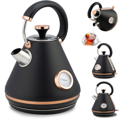 Fierbator Electric cu Termometru Modern Kettle idealStore, Capacitate 1.7L, Baza Pivotanta Antiderapanta 360, Comutator Luminat, Filtru Metalic Anti Calcar, Indicator Temperatura, Capac Detasabil, Negru