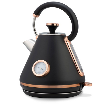 Fierbator Electric cu Termometru Modern Kettle idealStore, Capacitate 1.7L, Baza Pivotanta Antiderapanta 360, Comutator Luminat, Filtru Metalic Anti Calcar, Indicator Temperatura, Capac Detasabil, Negru