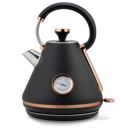 Fierbator Electric cu Termometru Modern Kettle idealStore, Capacitate 1.7L, Baza Pivotanta Antiderapanta 360, Comutator Luminat, Filtru Metalic Anti Calcar, Indicator Temperatura, Capac Detasabil, Negru