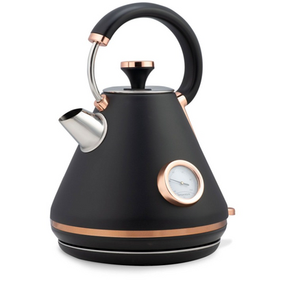Fierbator Electric cu Termometru Modern Kettle idealStore, Capacitate 1.7L, Baza Pivotanta Antiderapanta 360, Comutator Luminat, Filtru Metalic Anti Calcar, Indicator Temperatura, Capac Detasabil, Negru
