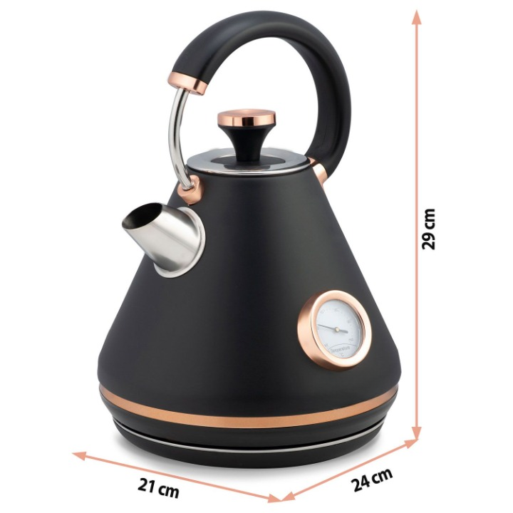 Fierbator Electric cu Termometru Modern Kettle idealStore, Capacitate 1.7L, Baza Pivotanta Antiderapanta 360, Comutator Luminat, Filtru Metalic Anti Calcar, Indicator Temperatura, Capac Detasabil, Negru