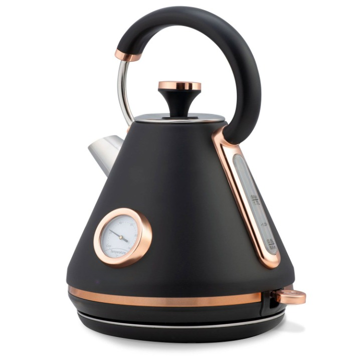 Fierbator Electric cu Termometru Modern Kettle idealStore, Capacitate 1.7L, Baza Pivotanta Antiderapanta 360, Comutator Luminat, Filtru Metalic Anti Calcar, Indicator Temperatura, Capac Detasabil, Negru