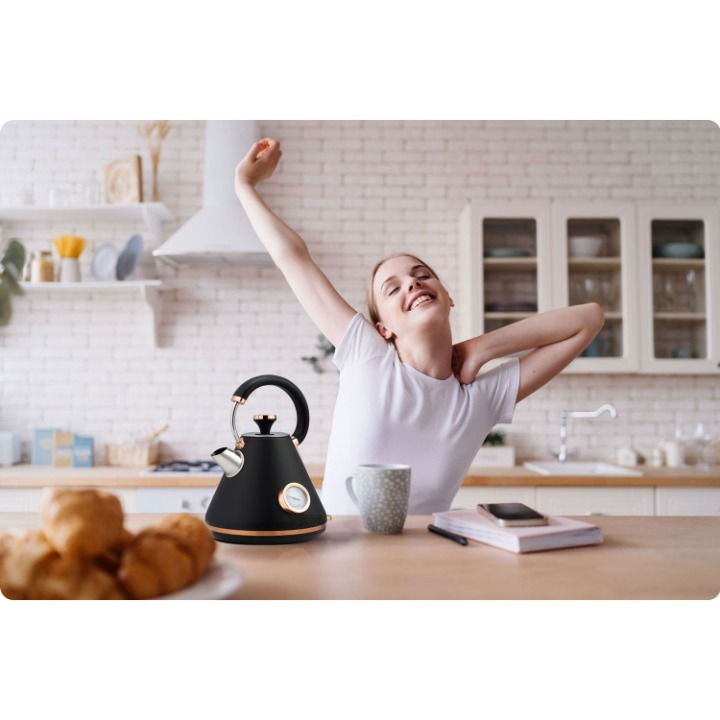 Fierbator Electric cu Termometru Modern Kettle idealStore, Capacitate 1.7L, Baza Pivotanta Antiderapanta 360, Comutator Luminat, Filtru Metalic Anti Calcar, Indicator Temperatura, Capac Detasabil, Negru