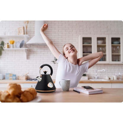 Fierbator Electric cu Termometru Modern Kettle idealStore, Capacitate 1.7L, Baza Pivotanta Antiderapanta 360, Comutator Luminat, Filtru Metalic Anti Calcar, Indicator Temperatura, Capac Detasabil, Negru