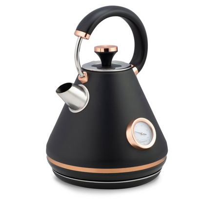 Fierbator Electric cu Termometru Modern Kettle idealStore, Capacitate 1.7L, Baza Pivotanta Antiderapanta 360, Comutator Luminat, Filtru Metalic Anti Calcar, Indicator Temperatura, Capac Detasabil, Negru