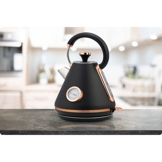 Fierbator Electric cu Termometru Modern Kettle idealStore, Capacitate 1.7L, Baza Pivotanta Antiderapanta 360, Comutator Luminat, Filtru Metalic Anti Calcar, Indicator Temperatura, Capac Detasabil, Negru