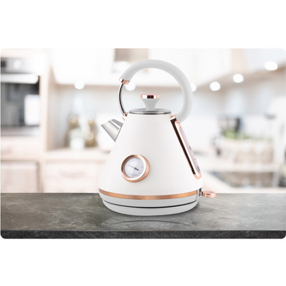 Fierbator Electric cu Termometru Modern Kettle idealStore, Capacitate 1.7L, Baza Pivotanta Antiderapanta 360, Comutator Luminat, Filtru Metalic Anti Calcar, Indicator Temperatura, Capac Detasabil, Alb