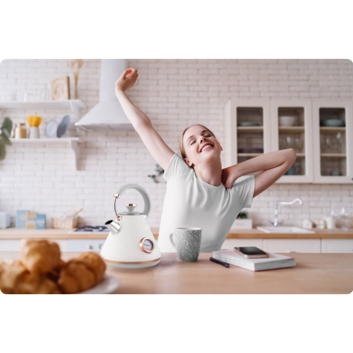 Fierbator Electric cu Termometru Modern Kettle idealStore, Capacitate 1.7L, Baza Pivotanta Antiderapanta 360, Comutator Luminat, Filtru Metalic Anti Calcar, Indicator Temperatura, Capac Detasabil, Alb