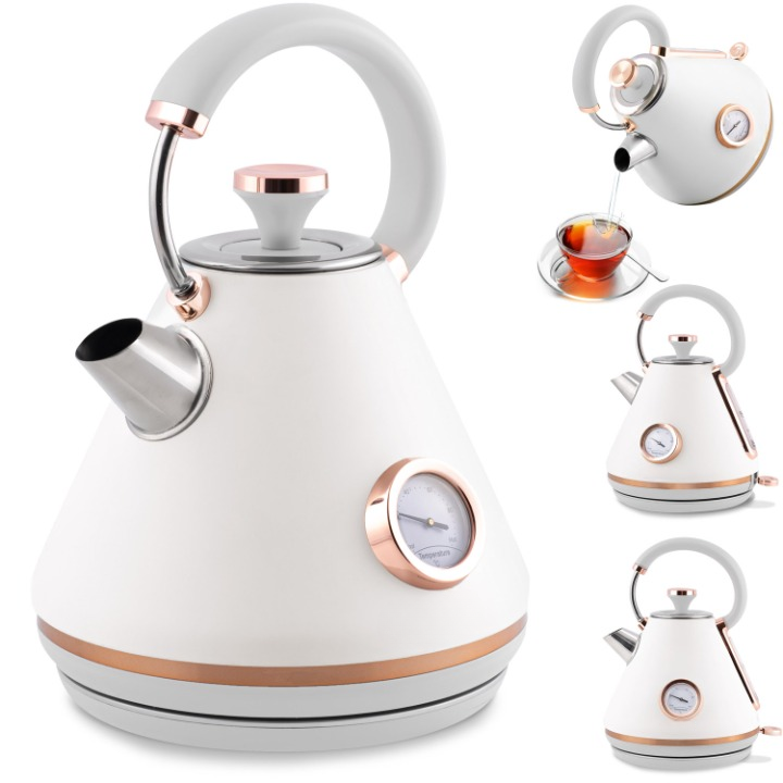 Fierbator Electric cu Termometru Modern Kettle idealStore, Capacitate 1.7L, Baza Pivotanta Antiderapanta 360, Comutator Luminat, Filtru Metalic Anti Calcar, Indicator Temperatura, Capac Detasabil, Alb