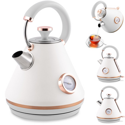 Fierbator Electric cu Termometru Modern Kettle idealStore, Capacitate 1.7L, Baza Pivotanta Antiderapanta 360, Comutator Luminat, Filtru Metalic Anti Calcar, Indicator Temperatura, Capac Detasabil, Alb