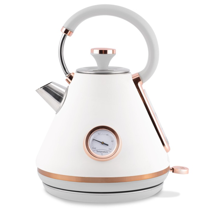 Fierbator Electric cu Termometru Modern Kettle idealStore, Capacitate 1.7L, Baza Pivotanta Antiderapanta 360, Comutator Luminat, Filtru Metalic Anti Calcar, Indicator Temperatura, Capac Detasabil, Alb