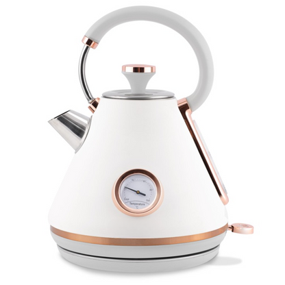 Fierbator Electric cu Termometru Modern Kettle idealStore, Capacitate 1.7L, Baza Pivotanta Antiderapanta 360, Comutator Luminat, Filtru Metalic Anti Calcar, Indicator Temperatura, Capac Detasabil, Alb