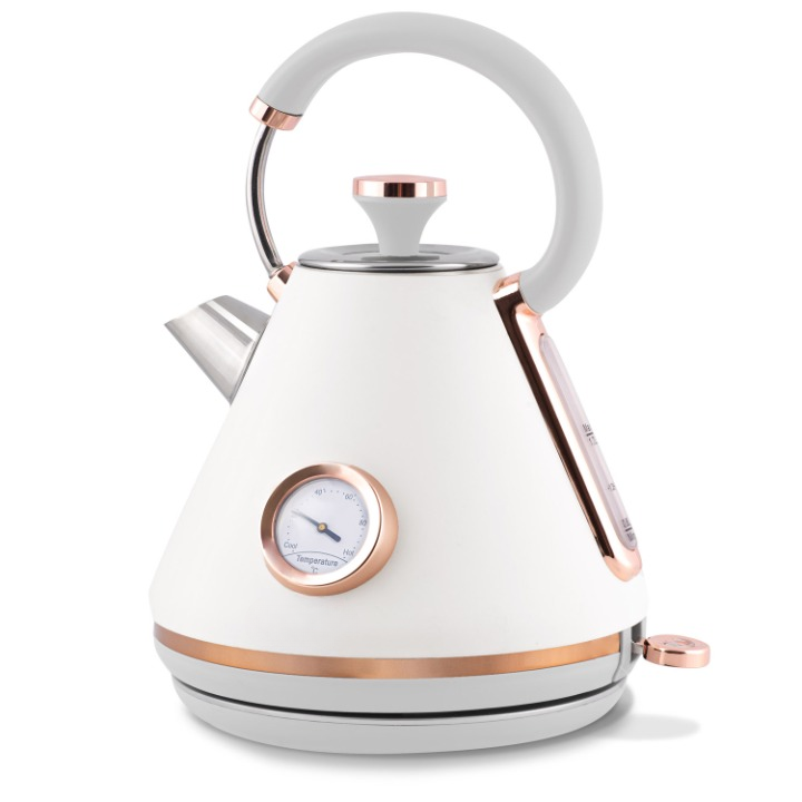 Fierbator Electric cu Termometru Modern Kettle idealStore, Capacitate 1.7L, Baza Pivotanta Antiderapanta 360, Comutator Luminat, Filtru Metalic Anti Calcar, Indicator Temperatura, Capac Detasabil, Alb
