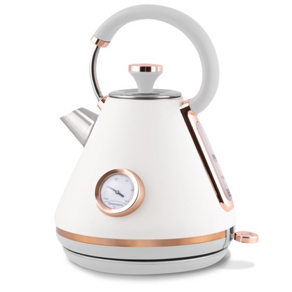 Fierbator Electric cu Termometru Modern Kettle idealStore, Capacitate 1.7L, Baza Pivotanta Antiderapanta 360, Comutator Luminat, Filtru Metalic Anti Calcar, Indicator Temperatura, Capac Detasabil, Alb