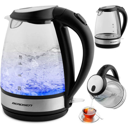 Fierbator Electric Berdsen din sticla idealSTORE, Dimensiuni 25 x 21 cm, Capacitate 1,7L, Protectie impotriva gatirii uscate, Baza pivotanta 360, Picioare antiderapante, Iluminat Albastru, Modern