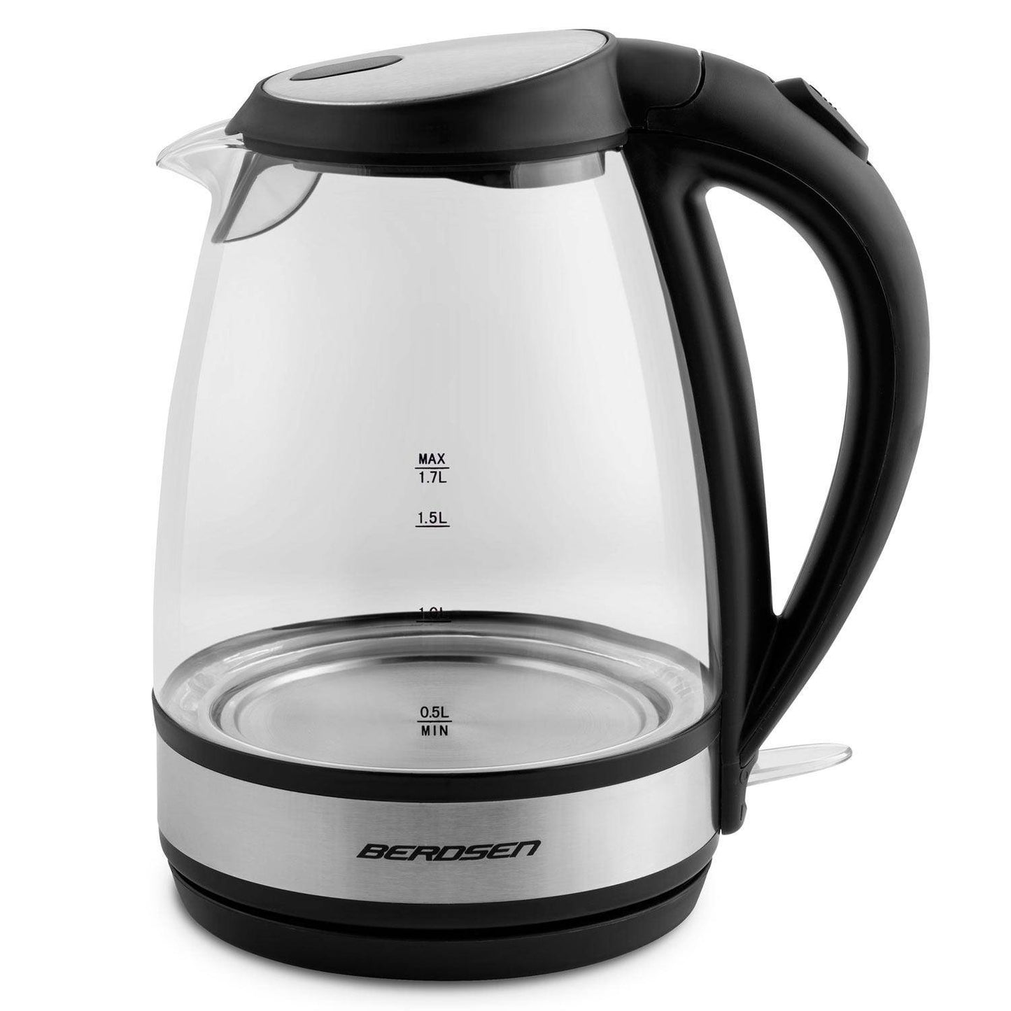 Fierbator Electric Berdsen din sticla idealSTORE, Dimensiuni 25 x 21 cm, Capacitate 1,7L, Protectie impotriva gatirii uscate, Baza pivotanta 360, Picioare antiderapante, Iluminat Albastru, Modern