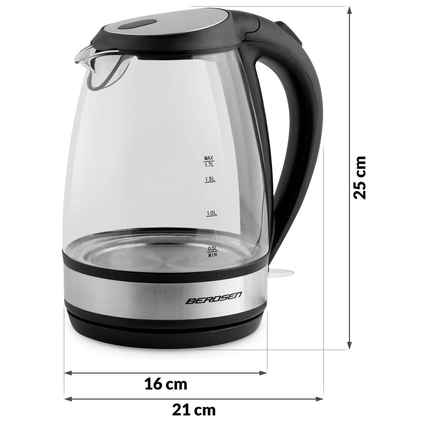 Fierbator Electric Berdsen din sticla idealSTORE, Dimensiuni 25 x 21 cm, Capacitate 1,7L, Protectie impotriva gatirii uscate, Baza pivotanta 360, Picioare antiderapante, Iluminat Albastru, Modern