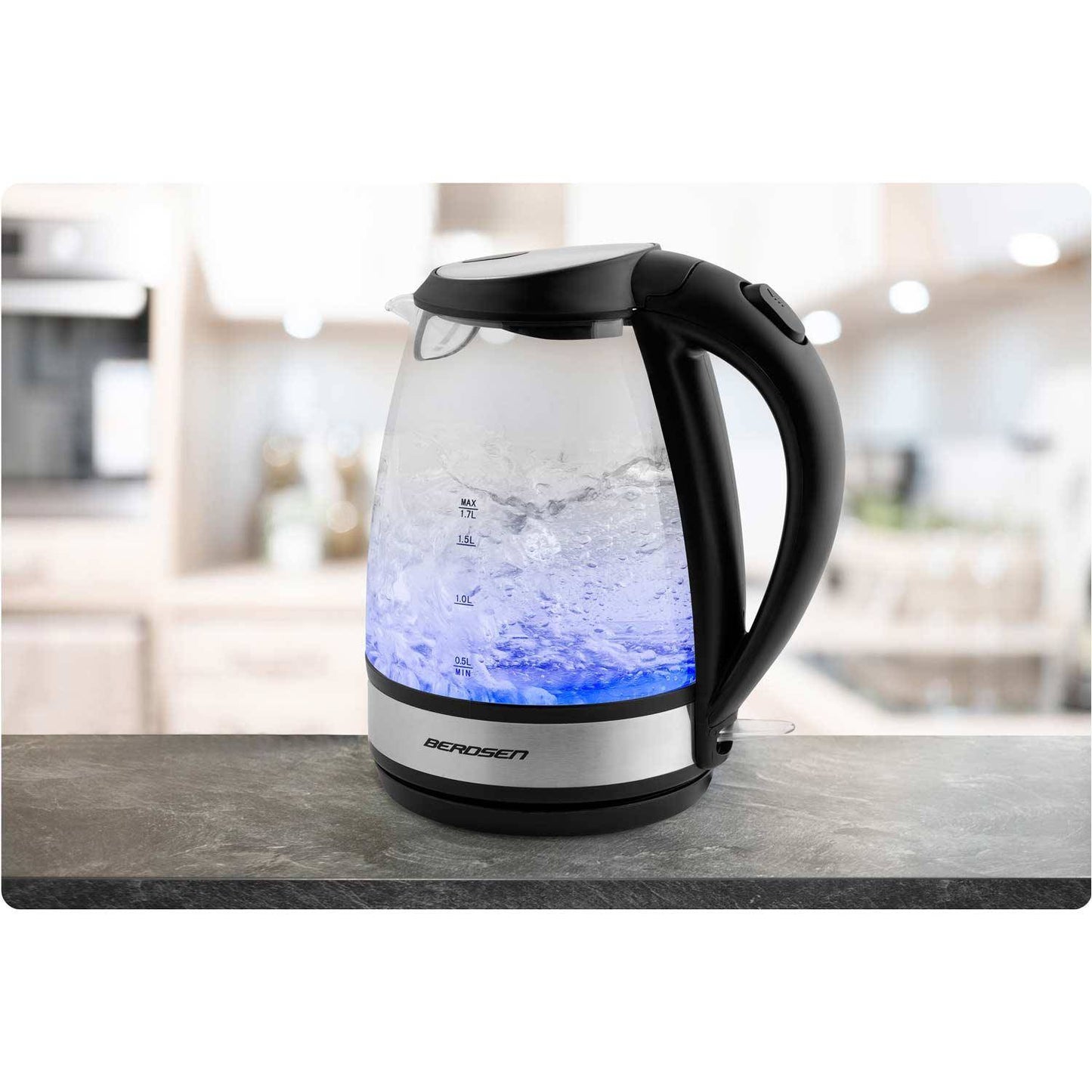 Fierbator Electric Berdsen din sticla idealSTORE, Dimensiuni 25 x 21 cm, Capacitate 1,7L, Protectie impotriva gatirii uscate, Baza pivotanta 360, Picioare antiderapante, Iluminat Albastru, Modern