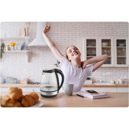 Fierbator Electric Berdsen din sticla idealSTORE, Dimensiuni 25 x 21 cm, Capacitate 1,7L, Protectie impotriva gatirii uscate, Baza pivotanta 360, Picioare antiderapante, Iluminat Albastru, Modern