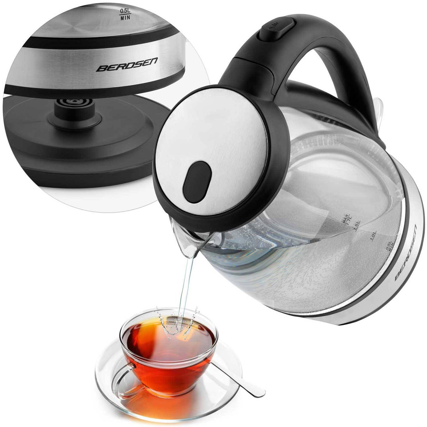 Fierbator Electric Berdsen din sticla idealSTORE, Dimensiuni 25 x 21 cm, Capacitate 1,7L, Protectie impotriva gatirii uscate, Baza pivotanta 360, Picioare antiderapante, Iluminat Albastru, Modern