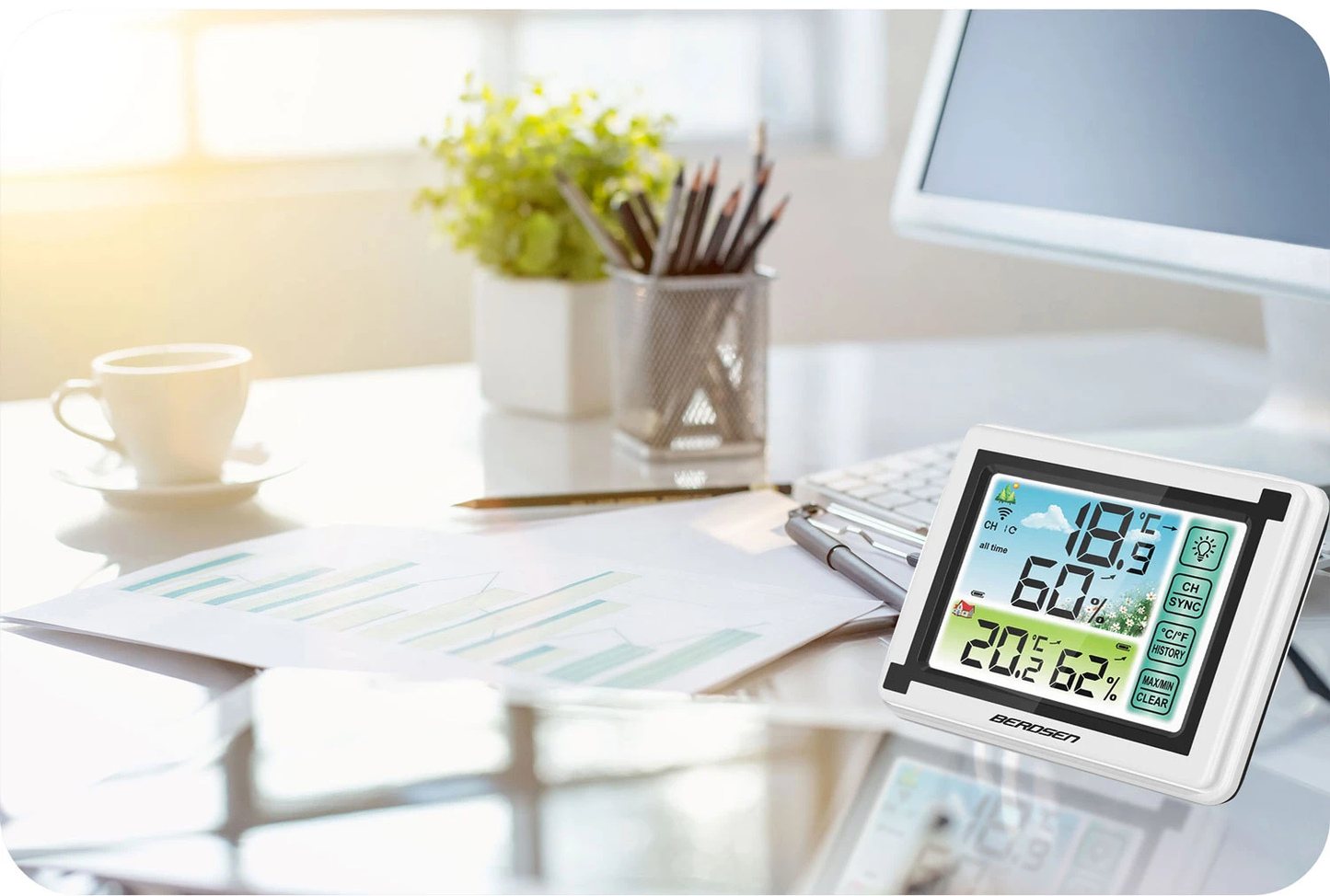 Statie Meteo fara fir IDL Berdsen@ cu Senzor Exterior, Higrometru, Touch Screen, Afisaj Color, Predictie Temperatura si Umiditate, Ecran luminat, culoare Alb