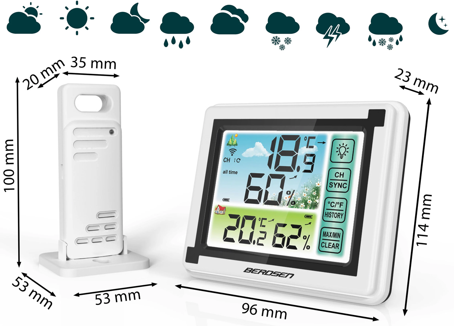 Statie Meteo fara fir IDL Berdsen@ cu Senzor Exterior, Higrometru, Touch Screen, Afisaj Color, Predictie Temperatura si Umiditate, Ecran luminat, culoare Alb