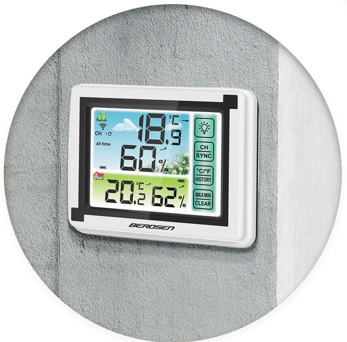 Statie Meteo fara fir IDL Berdsen@ cu Senzor Exterior, Higrometru, Touch Screen, Afisaj Color, Predictie Temperatura si Umiditate, Ecran luminat, culoare Alb