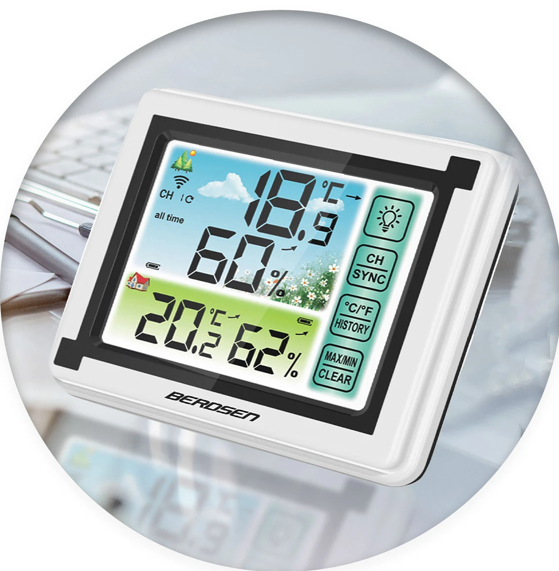 Statie Meteo fara fir IDL Berdsen@ cu Senzor Exterior, Higrometru, Touch Screen, Afisaj Color, Predictie Temperatura si Umiditate, Ecran luminat, culoare Alb