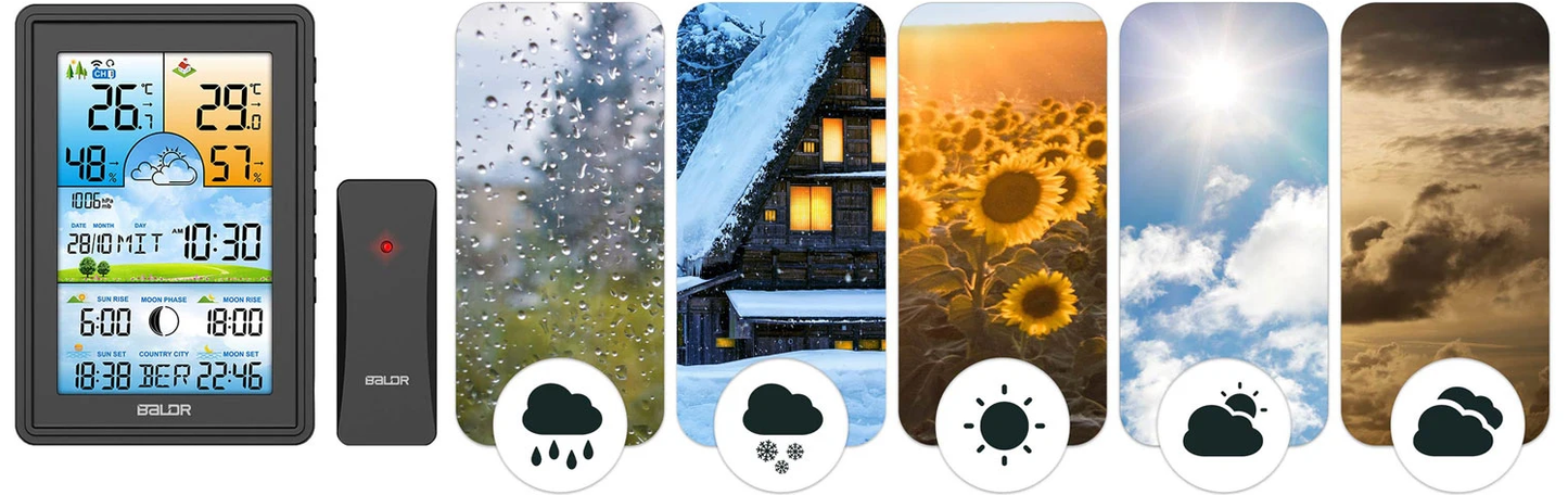 Statie Meteo fara fir IDL Baldr@ cu Senzor Exterior, Higrometru, Barometru, Prognoza meteo, Fazele Lunii, Afisaj Color, Predictie Temperatura si Umiditate, Ecran luminat, culoare Negru