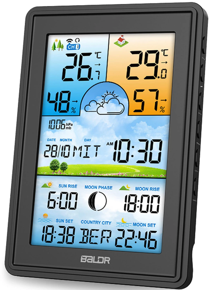 Statie Meteo fara fir IDL Baldr@ cu Senzor Exterior, Higrometru, Barometru, Prognoza meteo, Fazele Lunii, Afisaj Color, Predictie Temperatura si Umiditate, Ecran luminat, culoare Negru