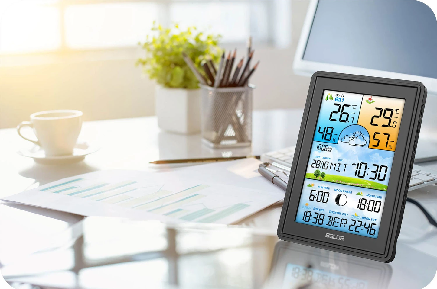 Statie Meteo fara fir IDL Baldr@ cu Senzor Exterior, Higrometru, Barometru, Prognoza meteo, Fazele Lunii, Afisaj Color, Predictie Temperatura si Umiditate, Ecran luminat, culoare Negru
