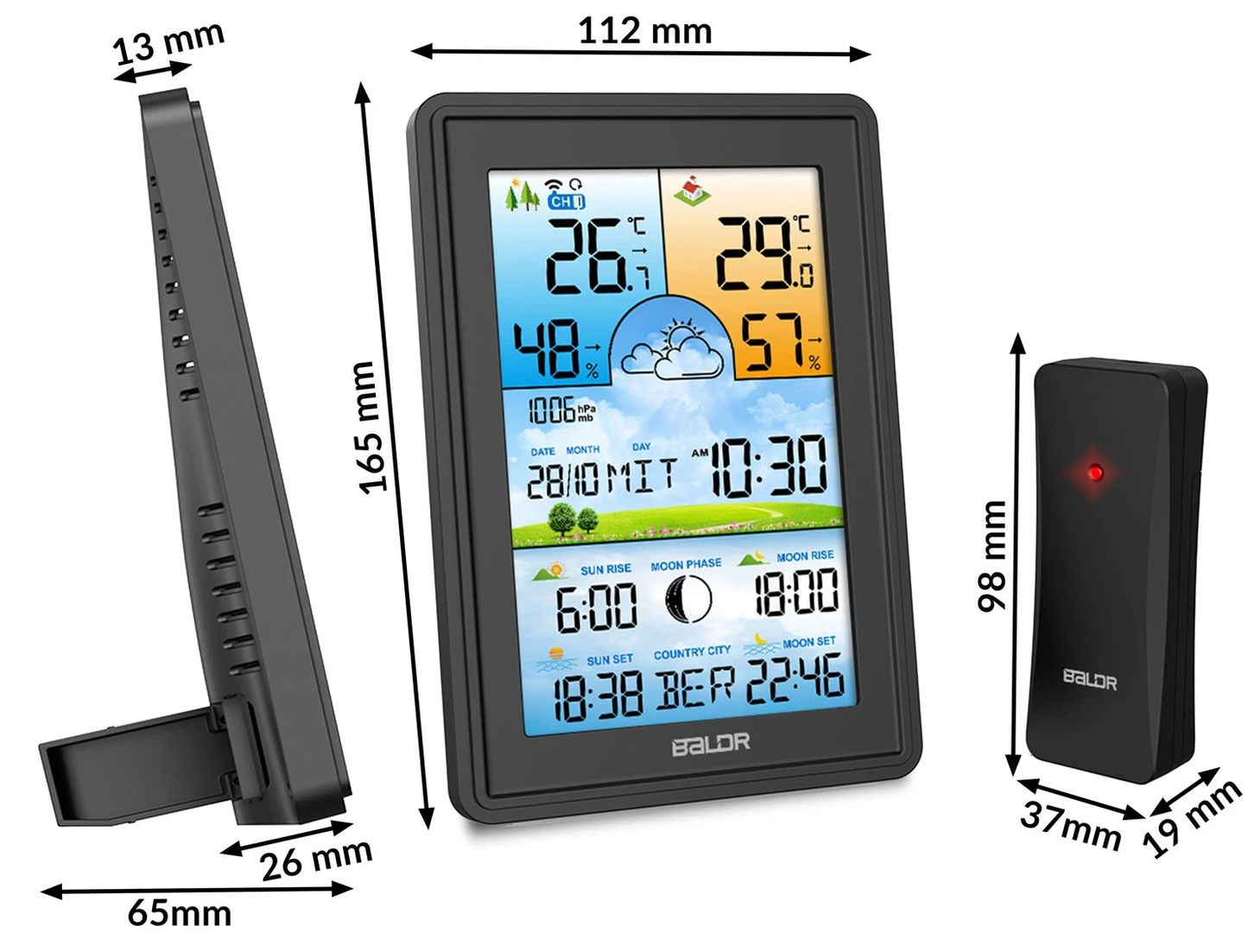 Statie Meteo fara fir IDL Baldr@ cu Senzor Exterior, Higrometru, Barometru, Prognoza meteo, Fazele Lunii, Afisaj Color, Predictie Temperatura si Umiditate, Ecran luminat, culoare Negru