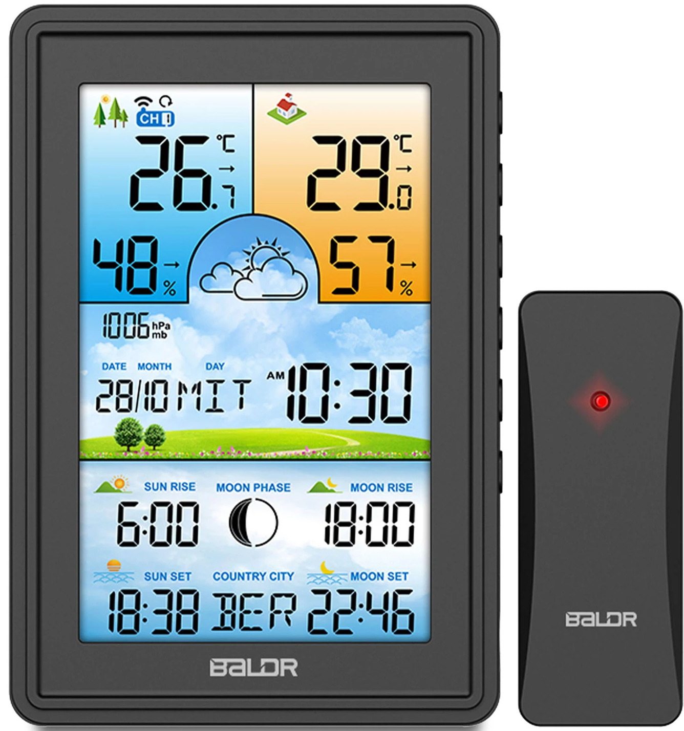 Statie Meteo fara fir IDL Baldr@ cu Senzor Exterior, Higrometru, Barometru, Prognoza meteo, Fazele Lunii, Afisaj Color, Predictie Temperatura si Umiditate, Ecran luminat, culoare Negru