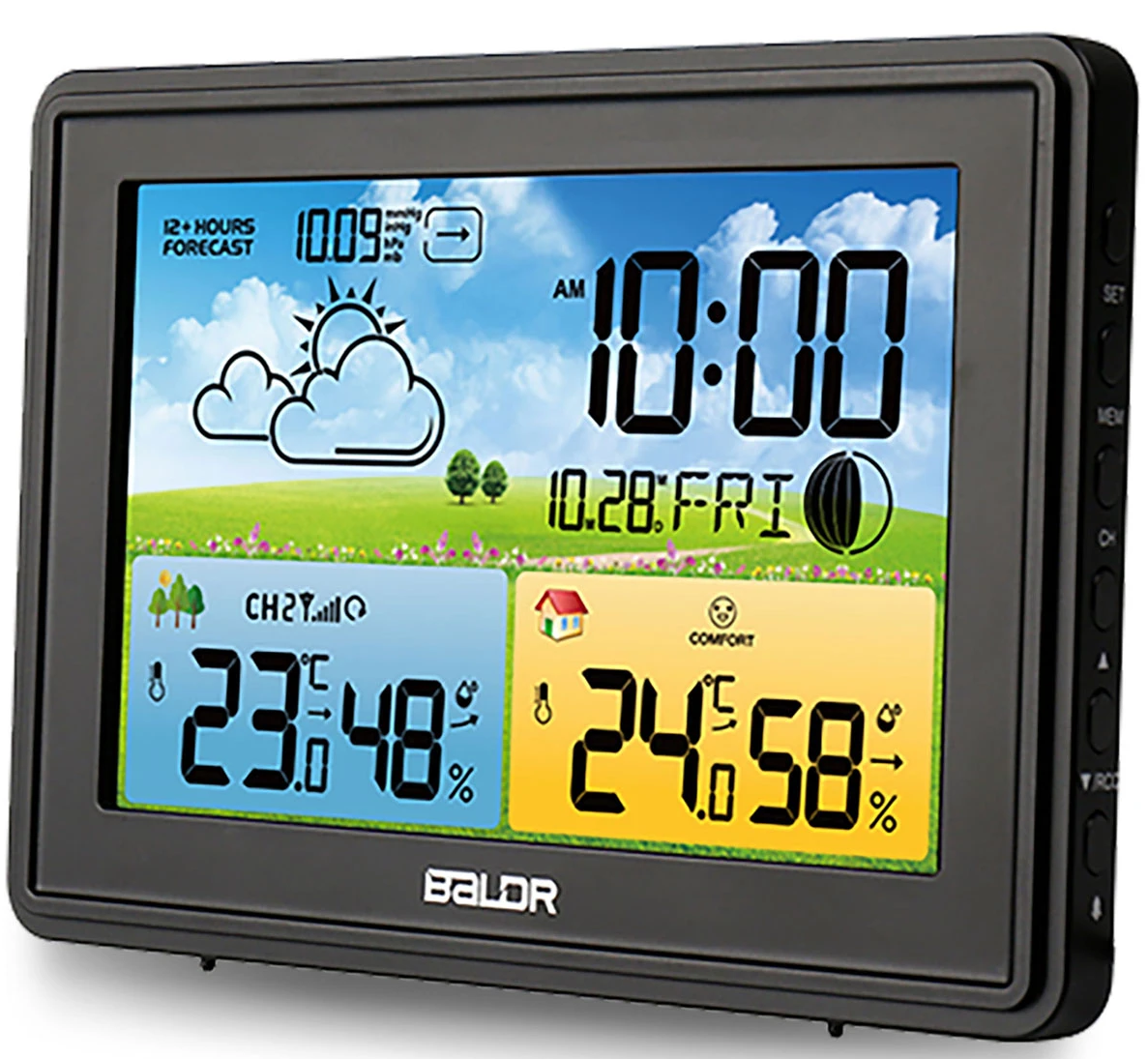 Statie Meteo fara fir IDL Baldr@+ cu Senzor Exterior, Higrometru, Barometru, Prognoza meteo, Fazele Lunii, Pictograma nivel de Confort, Ceas cu Alarma, Ecran luminat, culoare Negru
