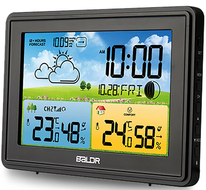 Statie Meteo fara fir IDL Baldr@+ cu Senzor Exterior, Higrometru, Barometru, Prognoza meteo, Fazele Lunii, Pictograma nivel de Confort, Ceas cu Alarma, Ecran luminat, culoare Negru