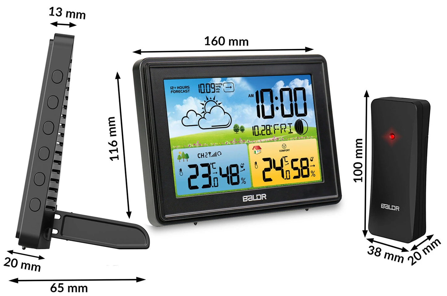 Statie Meteo fara fir IDL Baldr@+ cu Senzor Exterior, Higrometru, Barometru, Prognoza meteo, Fazele Lunii, Pictograma nivel de Confort, Ceas cu Alarma, Ecran luminat, culoare Negru