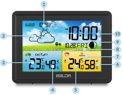 Statie Meteo fara fir IDL Baldr@+ cu Senzor Exterior, Higrometru, Barometru, Prognoza meteo, Fazele Lunii, Pictograma nivel de Confort, Ceas cu Alarma, Ecran luminat, culoare Negru