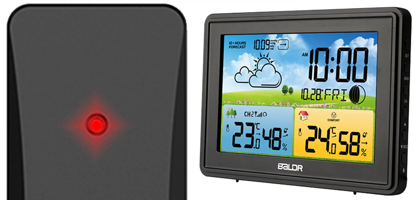 Statie Meteo fara fir IDL Baldr@+ cu Senzor Exterior, Higrometru, Barometru, Prognoza meteo, Fazele Lunii, Pictograma nivel de Confort, Ceas cu Alarma, Ecran luminat, culoare Negru