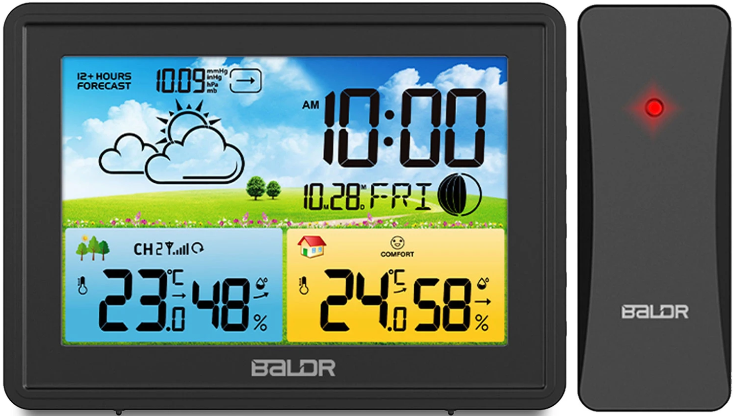 Statie Meteo fara fir IDL Baldr@+ cu Senzor Exterior, Higrometru, Barometru, Prognoza meteo, Fazele Lunii, Pictograma nivel de Confort, Ceas cu Alarma, Ecran luminat, culoare Negru