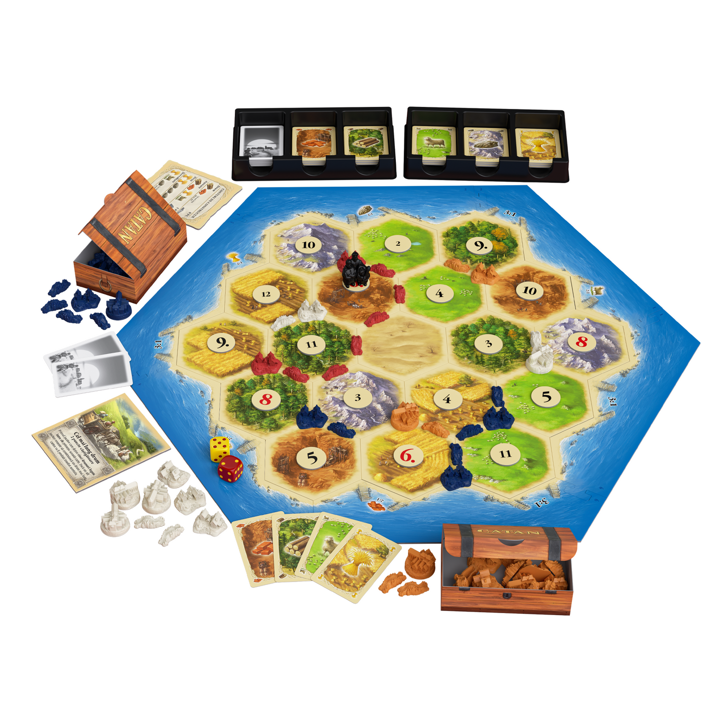 Joc de Societate CATAN - Jocul de baza, idealSTORE Include 19 Regiuni Hexagonale, 6 Margini, 18 Jetoane Numerotate, Figurina Hot, 2 Zaruri, Regulament, Suporturi pentru Carti, Cutiute pentru Figurine, Cartir de Dezvoltare, Resurse, Speciale, Costuri de Co