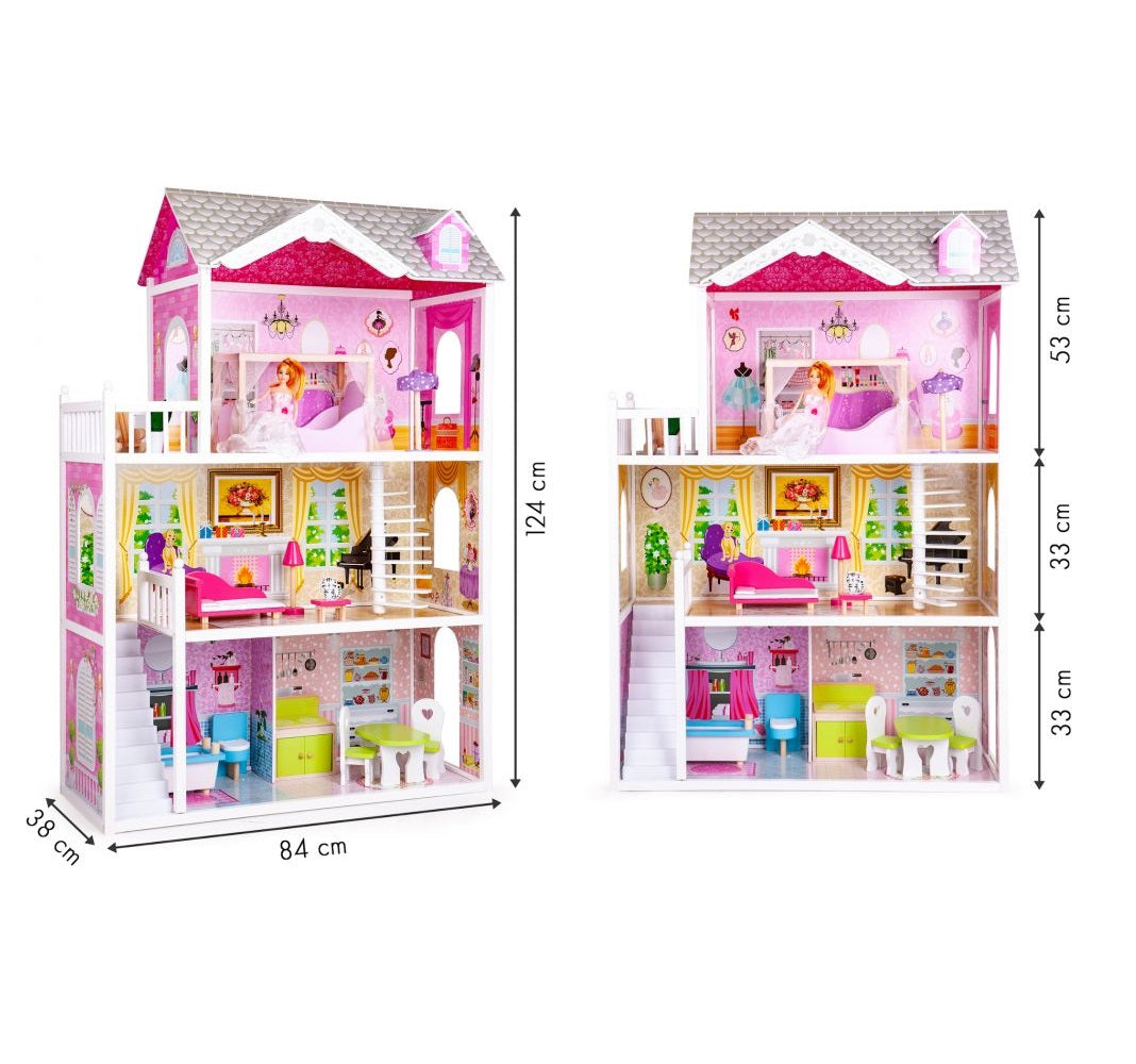 Casuta de papusi din lemn cu gradina idealSTORE MALTA BEAUTY RESIDENCE, Dimensiuni 124 x 38 x 114 cm, 3 nivele, 4 camere cu design minimalist, 14 piese de mobilier si 1 papusa creeaza o atmosfera de basm