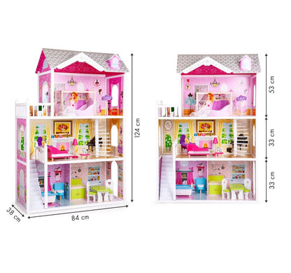 Casuta de papusi din lemn cu gradina idealSTORE MALTA BEAUTY RESIDENCE, Dimensiuni 124 x 38 x 114 cm, 3 nivele, 4 camere cu design minimalist, 14 piese de mobilier si 1 papusa creeaza o atmosfera de basm