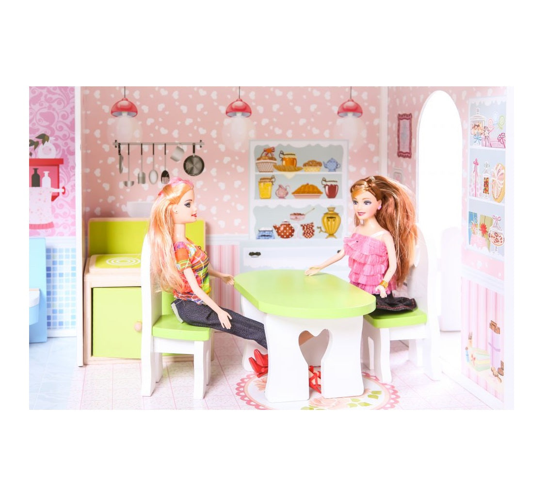 Casuta de papusi din lemn cu gradina idealSTORE MALTA BEAUTY RESIDENCE, Dimensiuni 124 x 38 x 114 cm, 3 nivele, 4 camere cu design minimalist, 14 piese de mobilier si 1 papusa creeaza o atmosfera de basm