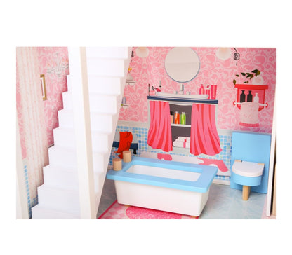 Casuta de papusi din lemn cu gradina idealSTORE MALTA BEAUTY RESIDENCE, Dimensiuni 124 x 38 x 114 cm, 3 nivele, 4 camere cu design minimalist, 14 piese de mobilier si 1 papusa creeaza o atmosfera de basm