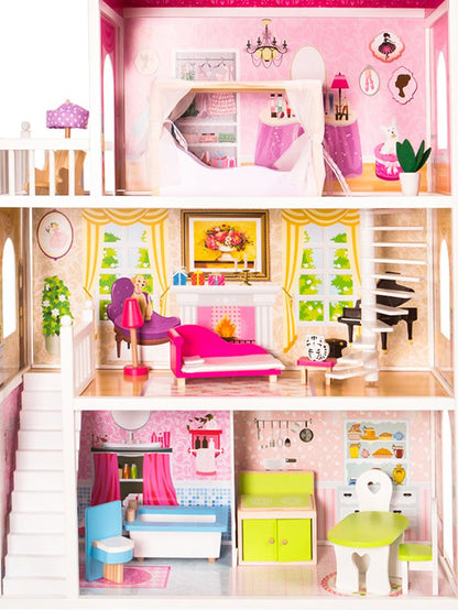 Casuta de papusi din lemn cu gradina idealSTORE MALTA BEAUTY RESIDENCE, Dimensiuni 124 x 38 x 114 cm, 3 nivele, 4 camere cu design minimalist, 14 piese de mobilier si 1 papusa creeaza o atmosfera de basm