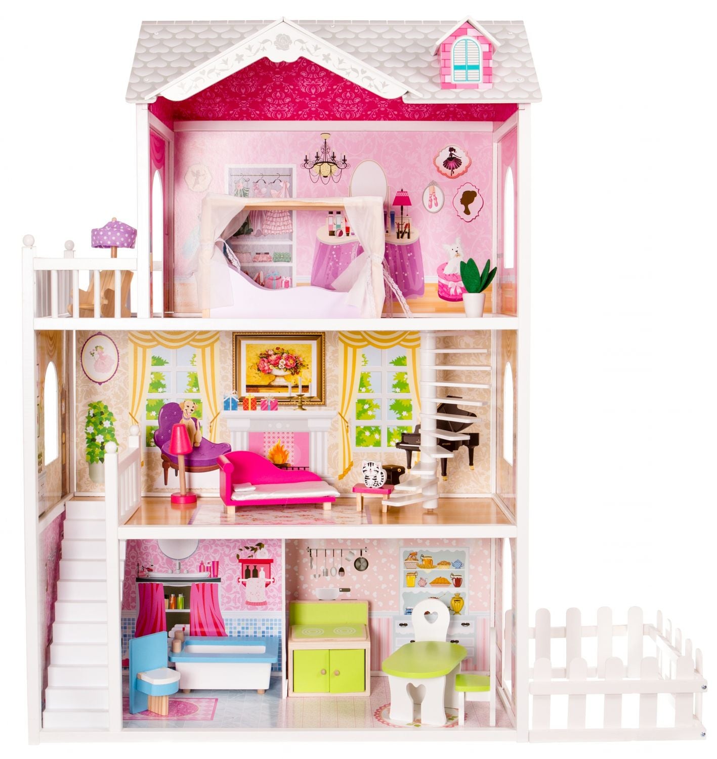 Casuta de papusi din lemn cu gradina idealSTORE MALTA BEAUTY RESIDENCE, Dimensiuni 124 x 38 x 114 cm, 3 nivele, 4 camere cu design minimalist, 14 piese de mobilier si 1 papusa creeaza o atmosfera de basm