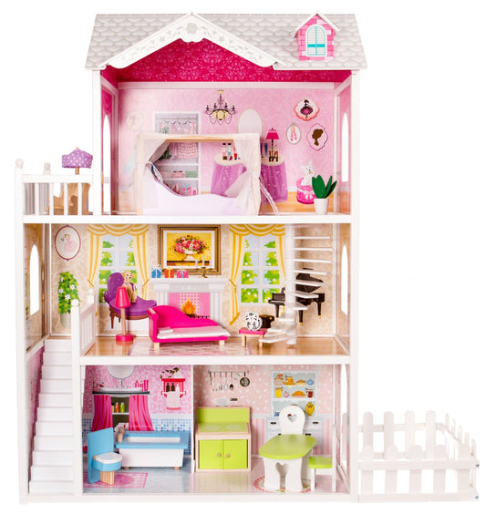 Casuta de papusi din lemn cu gradina idealSTORE MALTA BEAUTY RESIDENCE, Dimensiuni 124 x 38 x 114 cm, 3 nivele, 4 camere cu design minimalist, 14 piese de mobilier si 1 papusa creeaza o atmosfera de basm