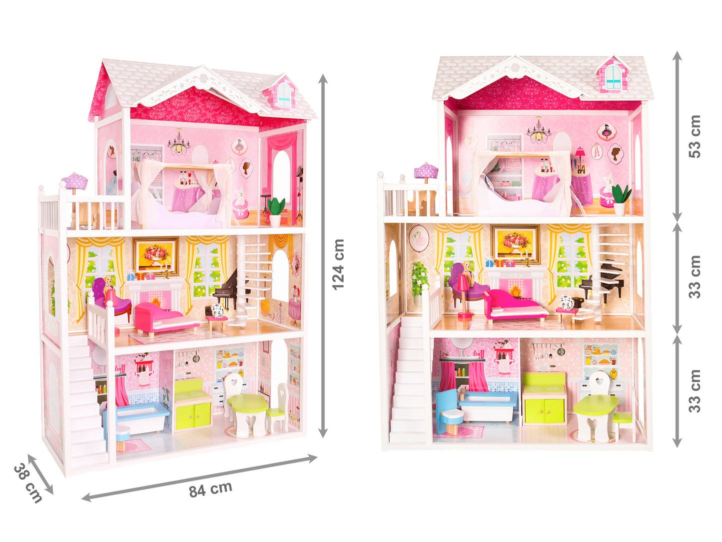 Casuta de papusi din lemn idealSTORE AYA NAPA GRAND RESIDENCE, Dimensiuni 124 x 84 x 38 cm, 3 nivele, 4 camere si un set cu 14 piese de mobiler inclus, Farmecul culorilor bine alese si a camerelor special amenajate ofera distractie nelimitata
