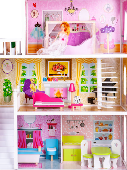 Casuta de papusi din lemn idealSTORE AYA NAPA GRAND RESIDENCE, Dimensiuni 124 x 84 x 38 cm, 3 nivele, 4 camere si un set cu 14 piese de mobiler inclus, Farmecul culorilor bine alese si a camerelor special amenajate ofera distractie nelimitata